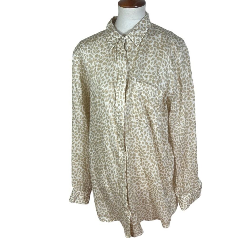Gap 100% Linen Animal Print Boyfriend Button Down Longline / Tall Size L